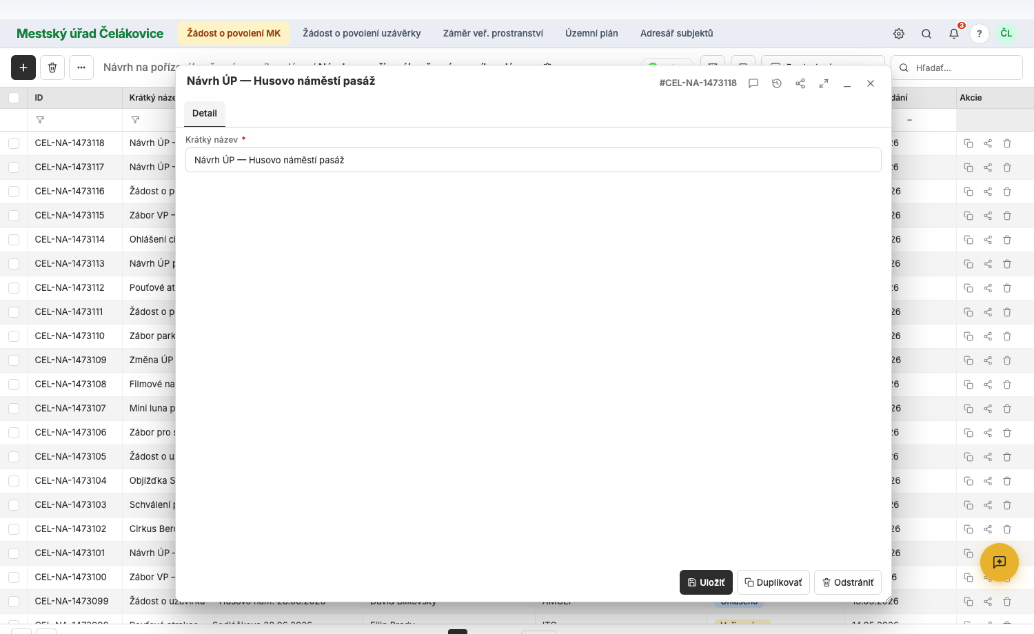 Detail žiadosti v Modulario form paneli — kompletný formulár ohlasovateľa + povolenia + workflow stavov.