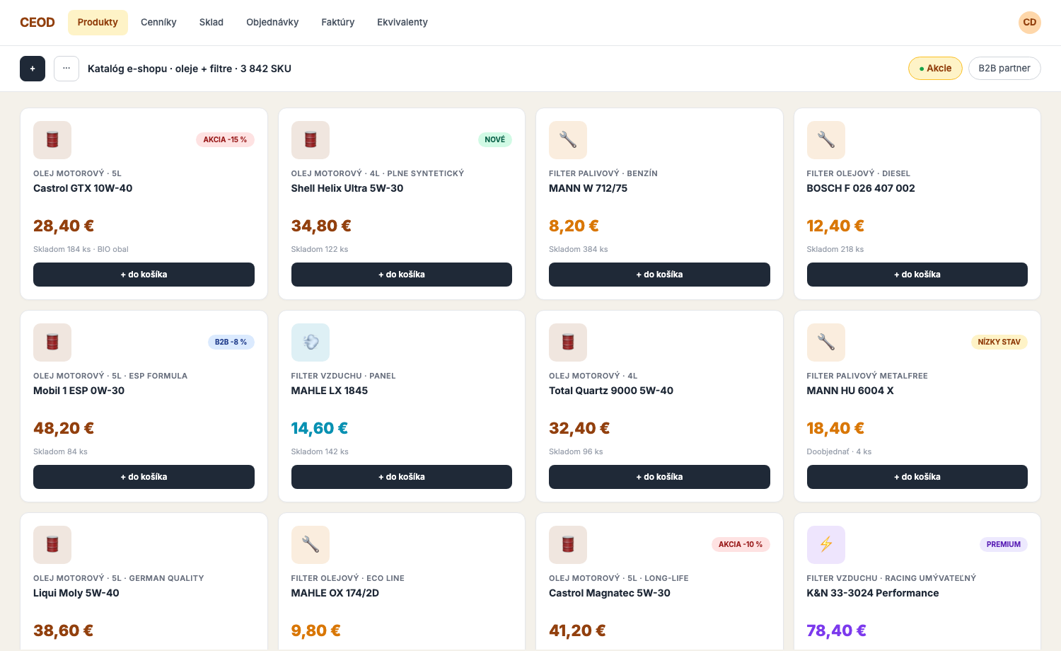 E-shop produktové karty | mazivá a filtre Castrol, Shell, MANN s cenami, skladom a akciovými štítkami.
