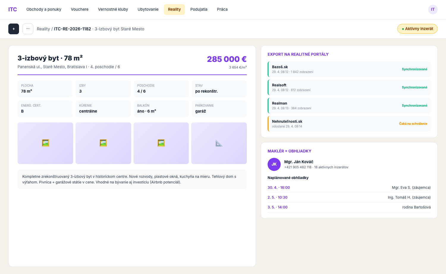 Detail realitného inzerátu | parametre bytu, export na Bazoš, Realsoft, Realman a plánované obhliadky.