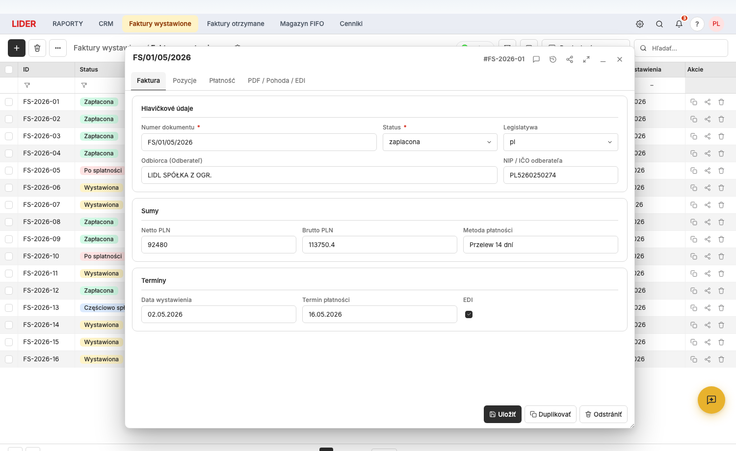 Detail FS/01/05/2026 v Modulario form panelu — 3 sekce, chip status + flag chip legislatywy, EDI checkbox.