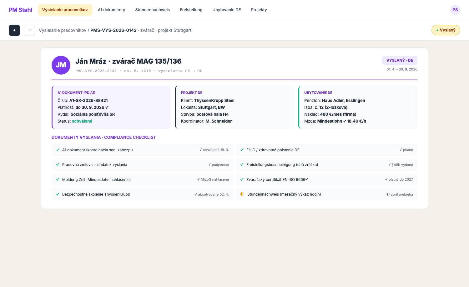 Detail vyslania pracovníka SK do DE | A1 dokument, projekt ThyssenKrupp, ubytovanie a compliance checklist.