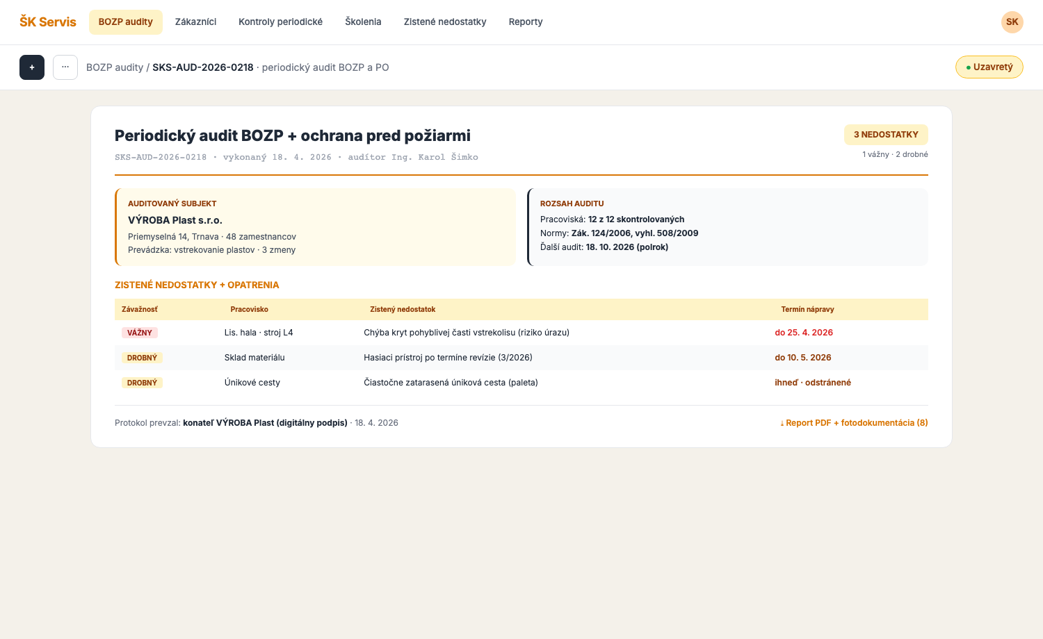 Detail BOZP auditu | auditovaný subjekt, rozsah, zistené nedostatky podľa závažnosti a termíny nápravy.